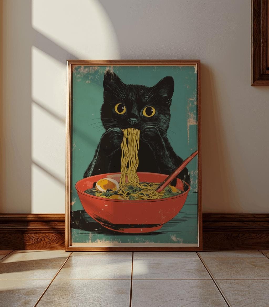 Cat Ramen Poster – Retro Japanese Kitchen Art Print | Digital Download