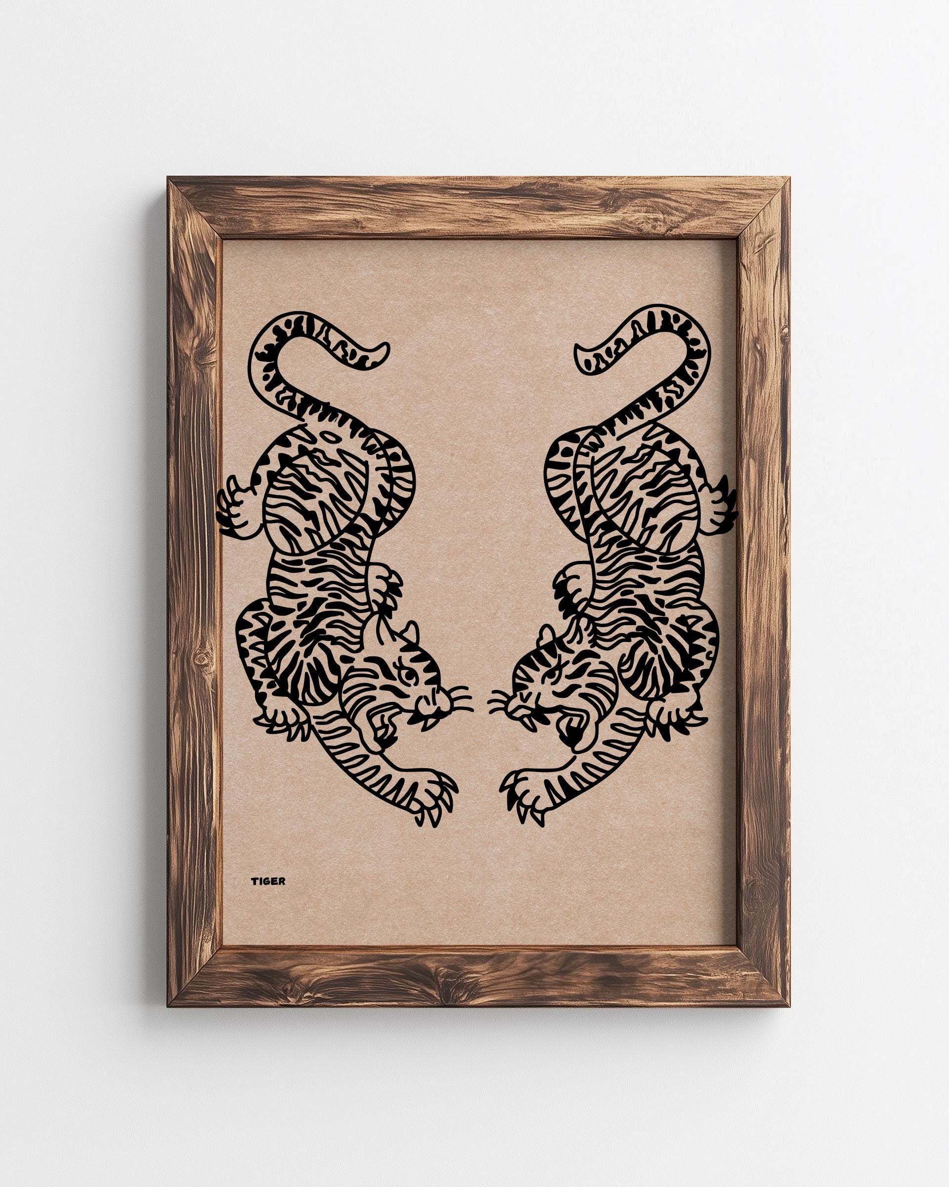 Minimalist Japanese Tiger Art Print – Twin Tiger Wall Art, Vintage Line Drawing Poster (Digital Download)