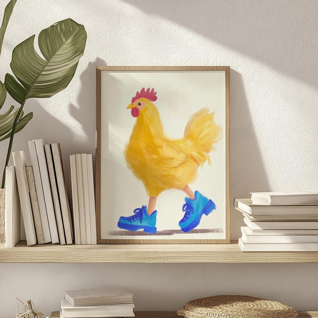 Funny Chicken Art Print – Cute Yellow Hen in Blue Boots | Kids Room Wall Art (Digital Download)