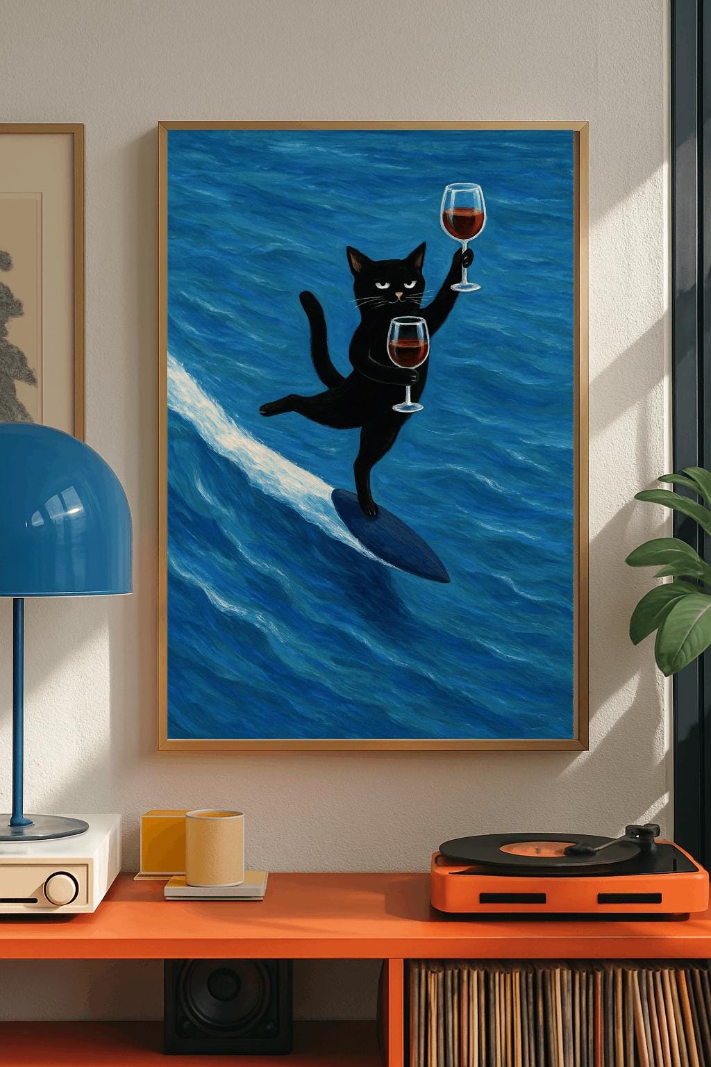 Funny Black Cat Surfing with Wine Poster – Whimsical Wall Art, Retro Bar Cart Decor (Digital Download)