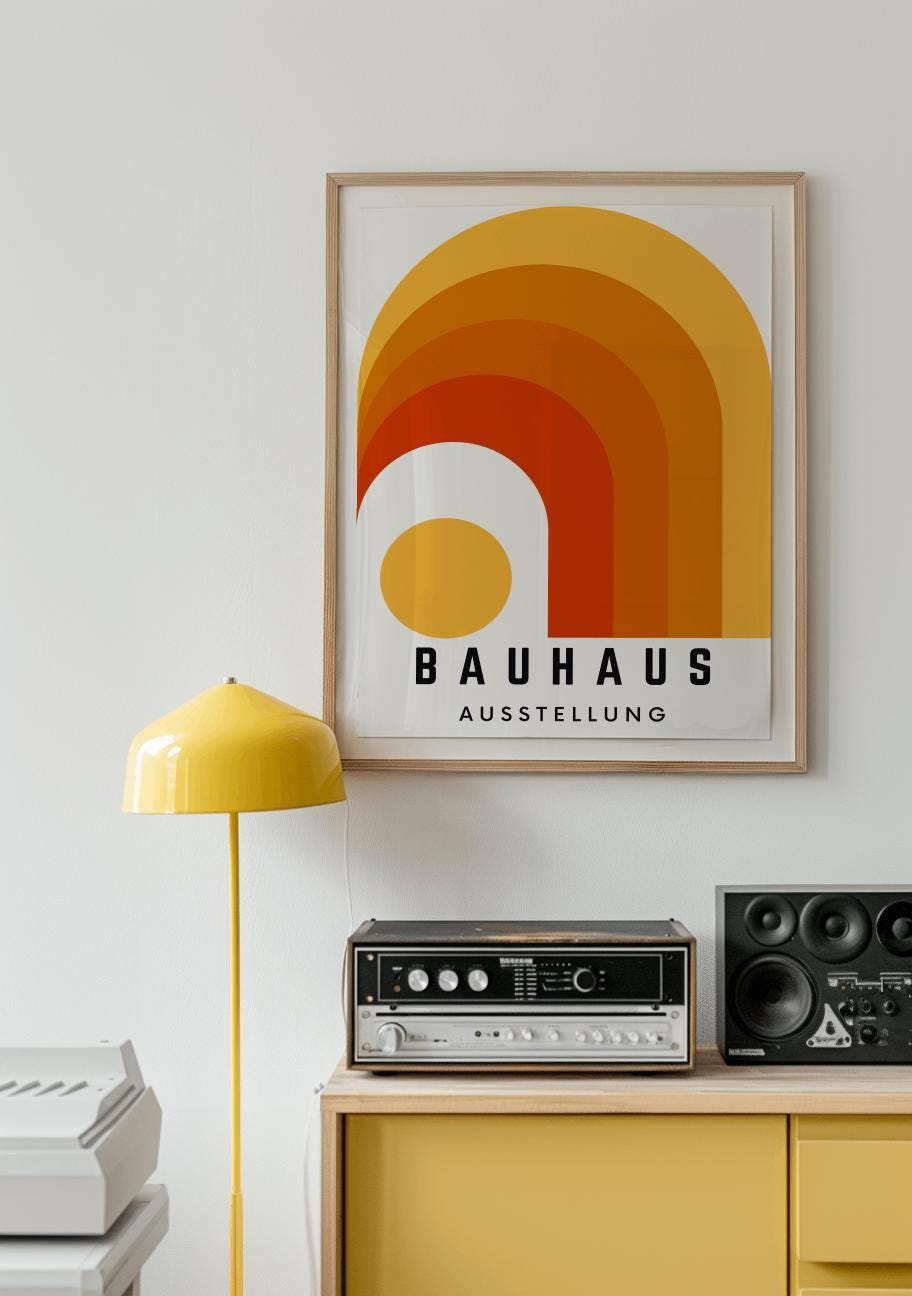 Orange Bauhaus Exhibition Poster – Mid-Century Modern Geometric Wall Art (Digital Download)