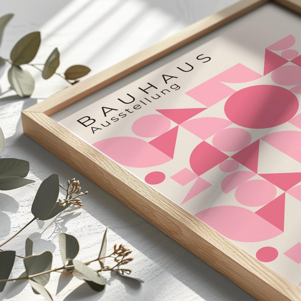 Pink Bauhaus Exhibition Poster – Mid-Century Geometric Wall Art (Digital Download)
