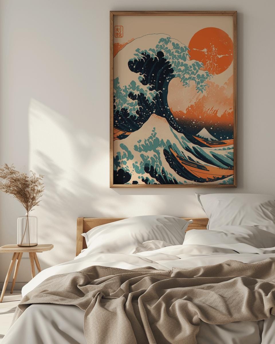 Japanese Wave Art Print – Modern Japandi Wall Decor, Digital Download (PNG/JPG)