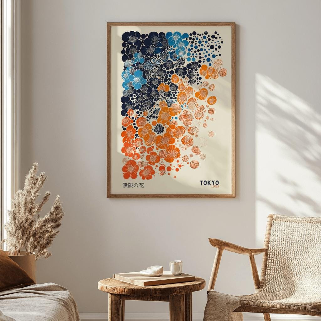 Japanese Floral Poster – Blue & Orange Abstract Tokyo Art (Digital Download)