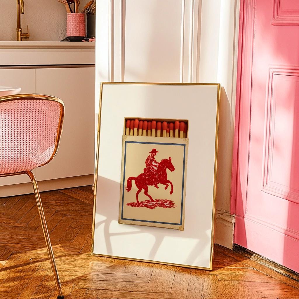 Cowboy Matchbook Poster – Red Rider on Horse, Cobalt Blue Border, Digital Download