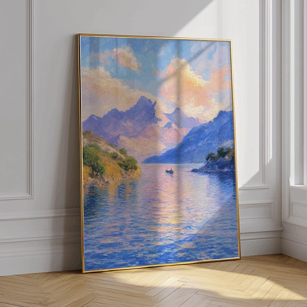 Impressionist Lake & Mountain Poster – Monet-Inspired Landscape Art | Digital Download