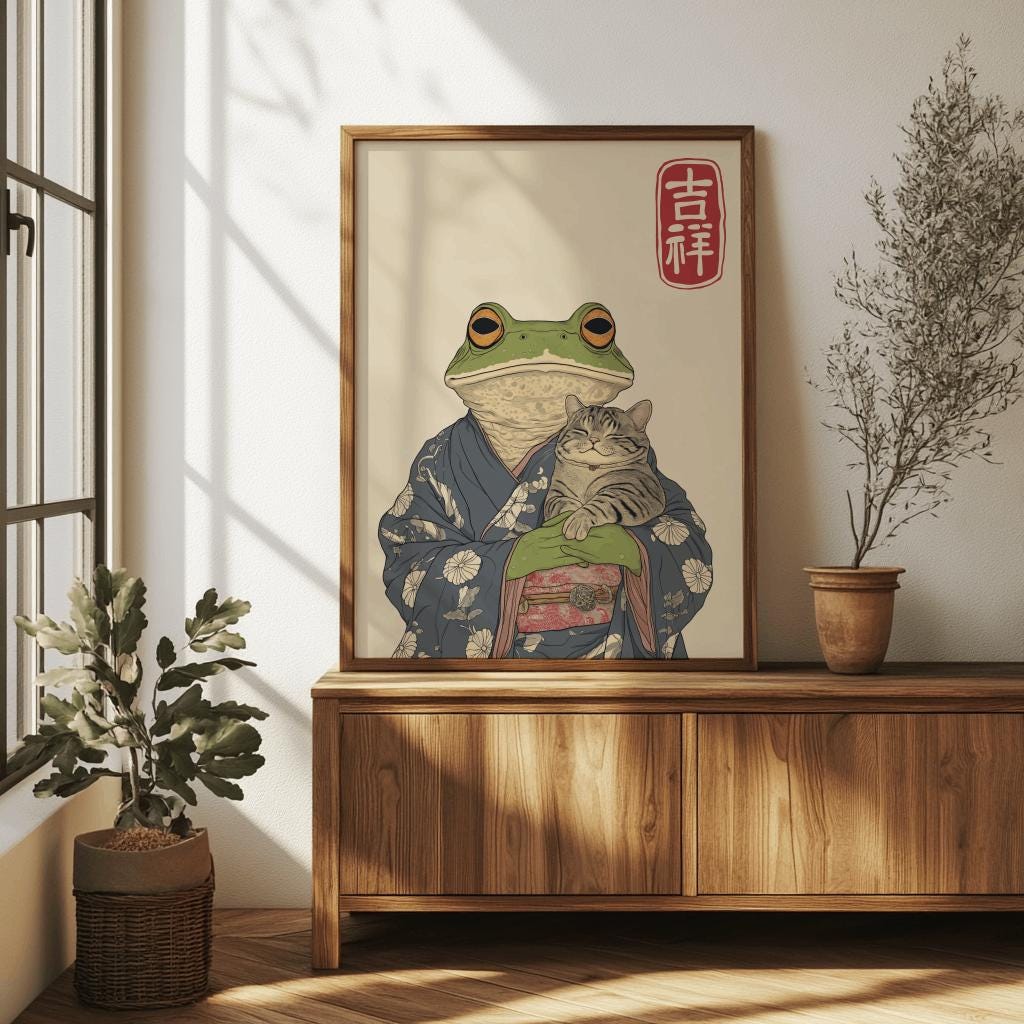 Matsumoto Hoji Frog & Cat Art Print – Vintage Japanese Ukiyo-e Poster (Digital Download)