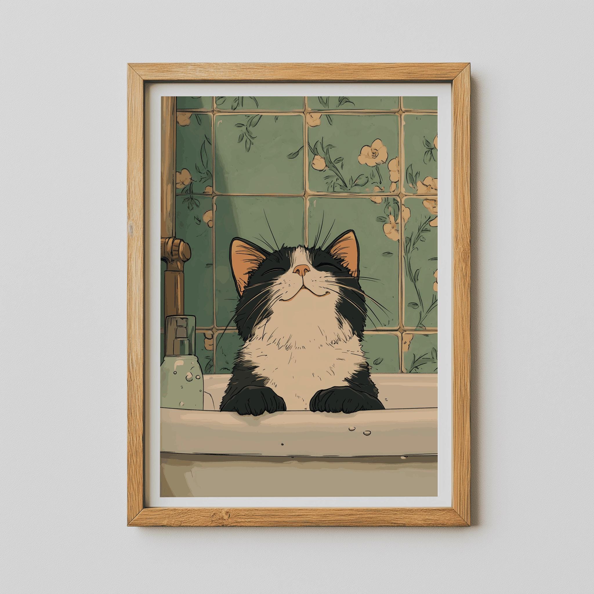 Black Cat in Bathtub Poster – Japanese Bathroom Aesthetic Wall Art (Digital Download)
