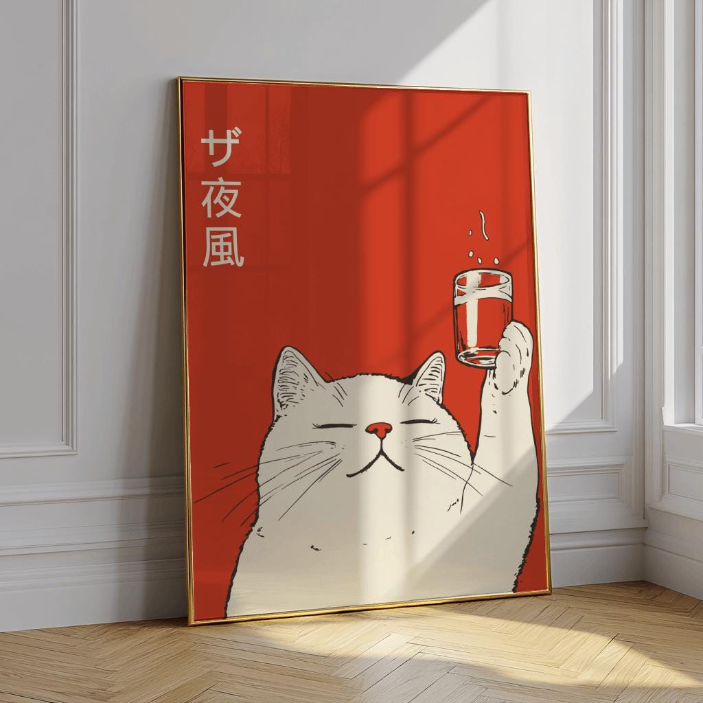Retro Japanese Cat Bar Print – Mid-Century Modern Kitchen Wall Art (Digital Download)