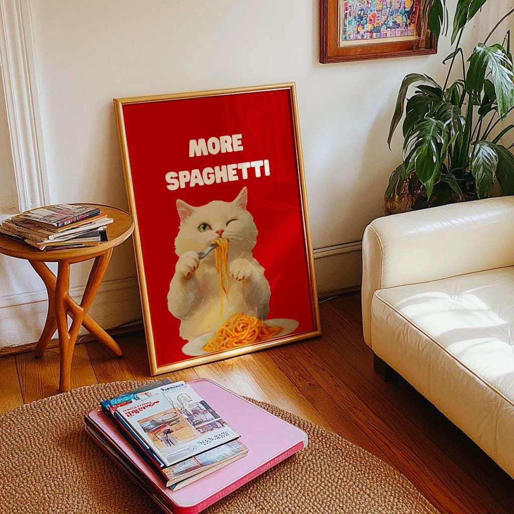 Hungry Cat Spaghetti Poster – Funny Kitchen Wall Art (Digital Download)