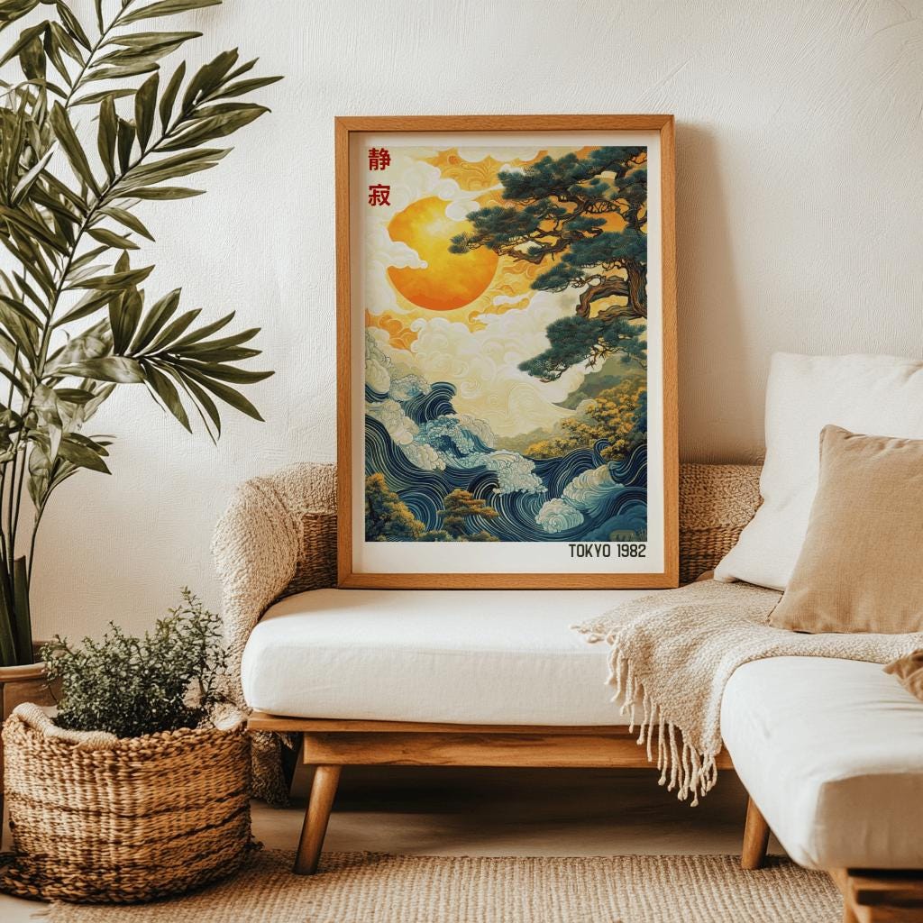 Japanese Abstract Landscape Print – Japandi Sun & Waves Wall Art (Digital Download)