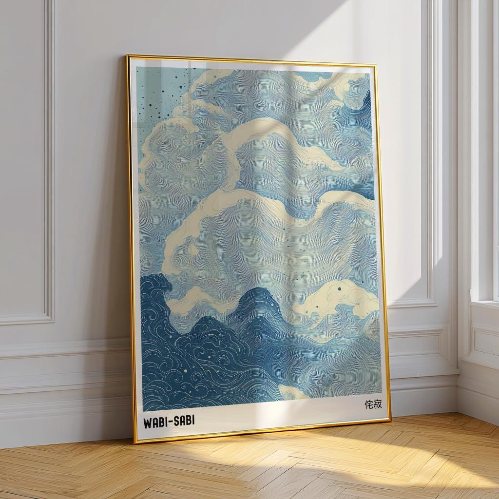 Blue Waves Japandi Art Print – Wabi Sabi Japanese Wall Poster (Digital Download)
