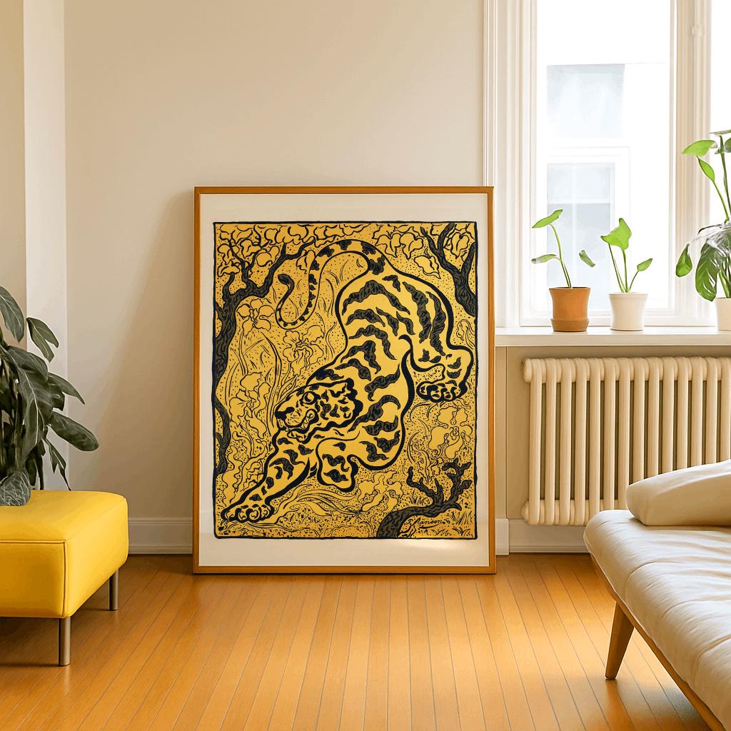 Japanese Tiger Art Print – Minimalist Ink Style Oriental Poster (Digital Download)