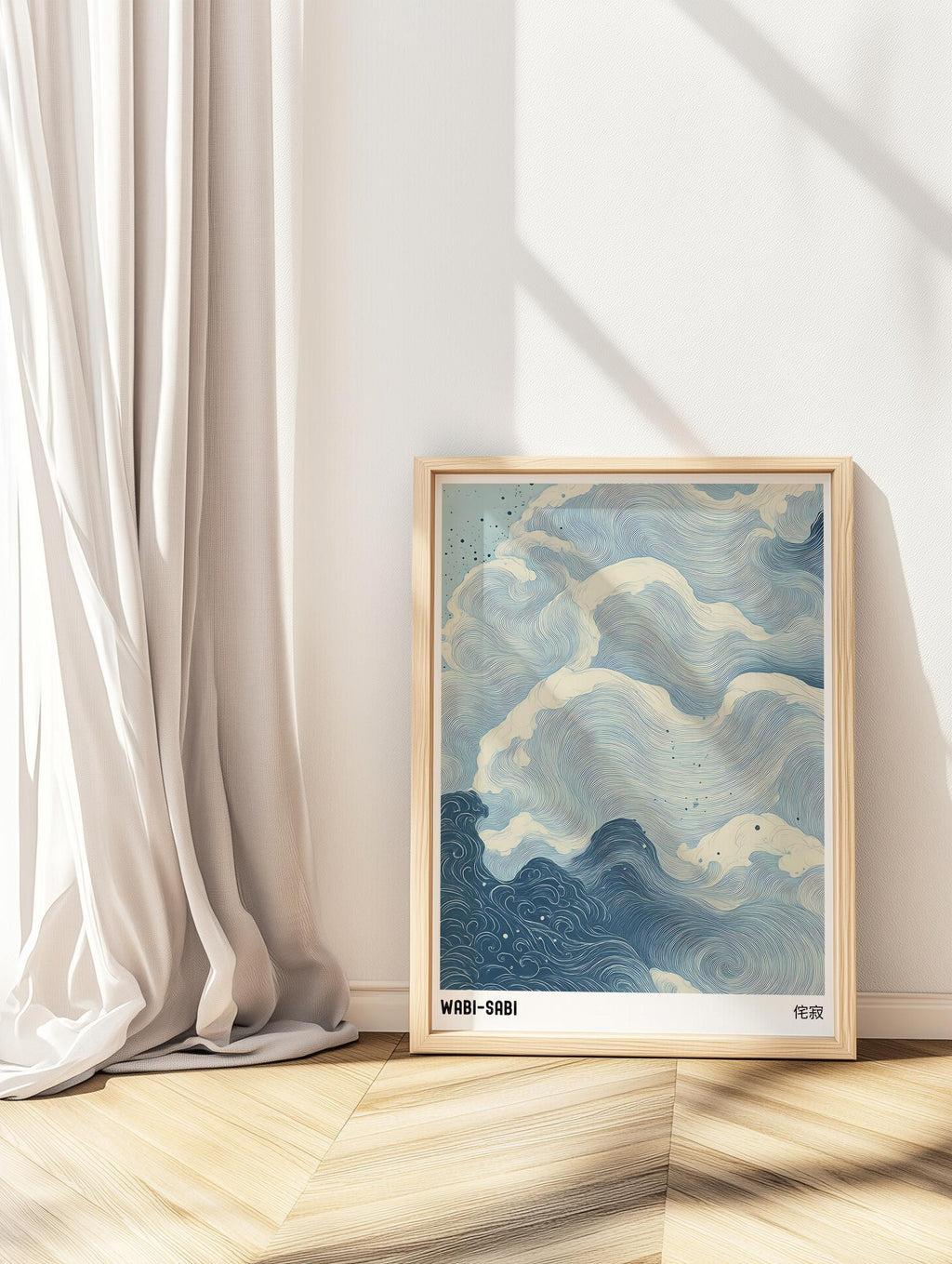 Blue Waves Japandi Art Print – Wabi Sabi Japanese Wall Poster (Digital Download)
