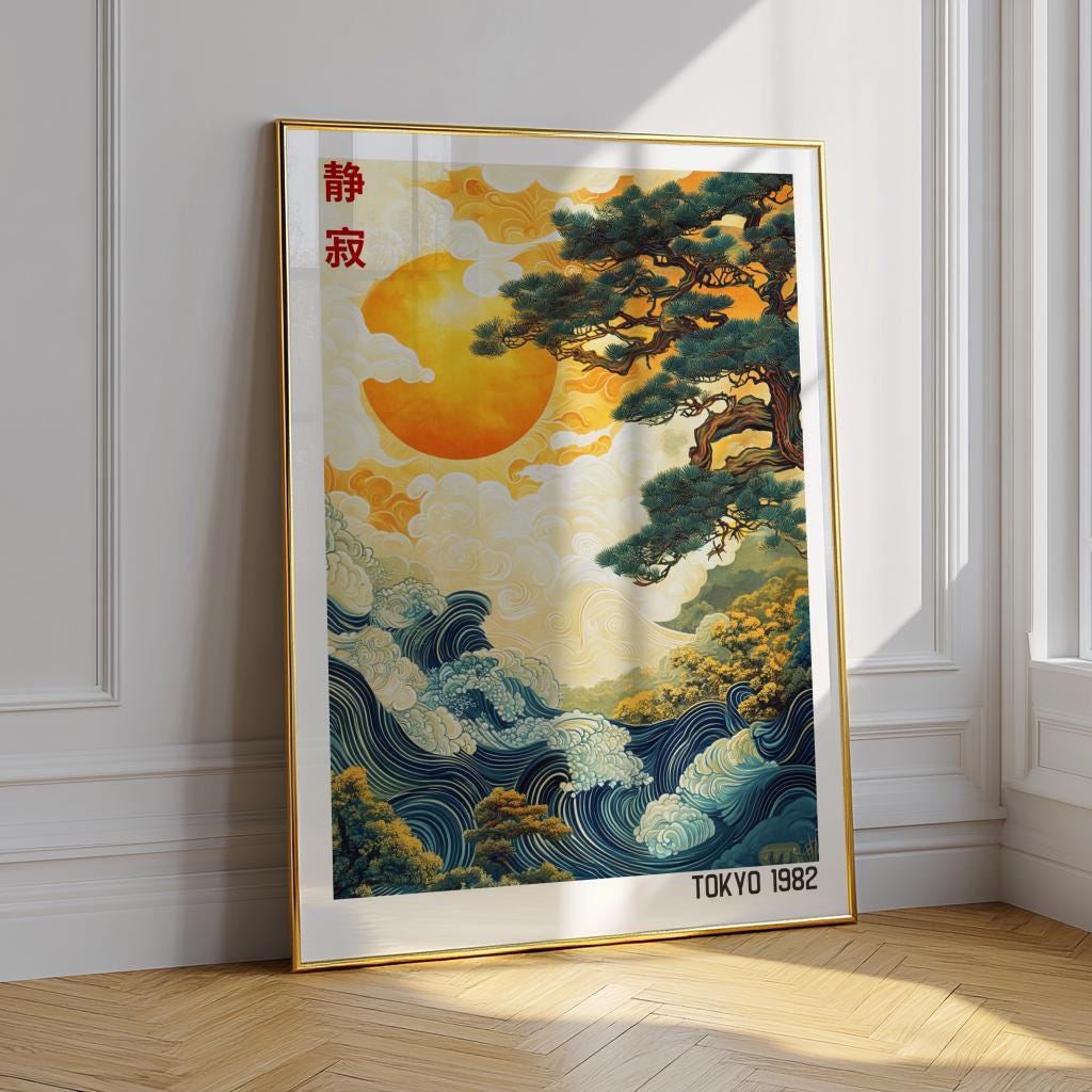 Japanese Abstract Landscape Print – Japandi Sun & Waves Wall Art (Digital Download)