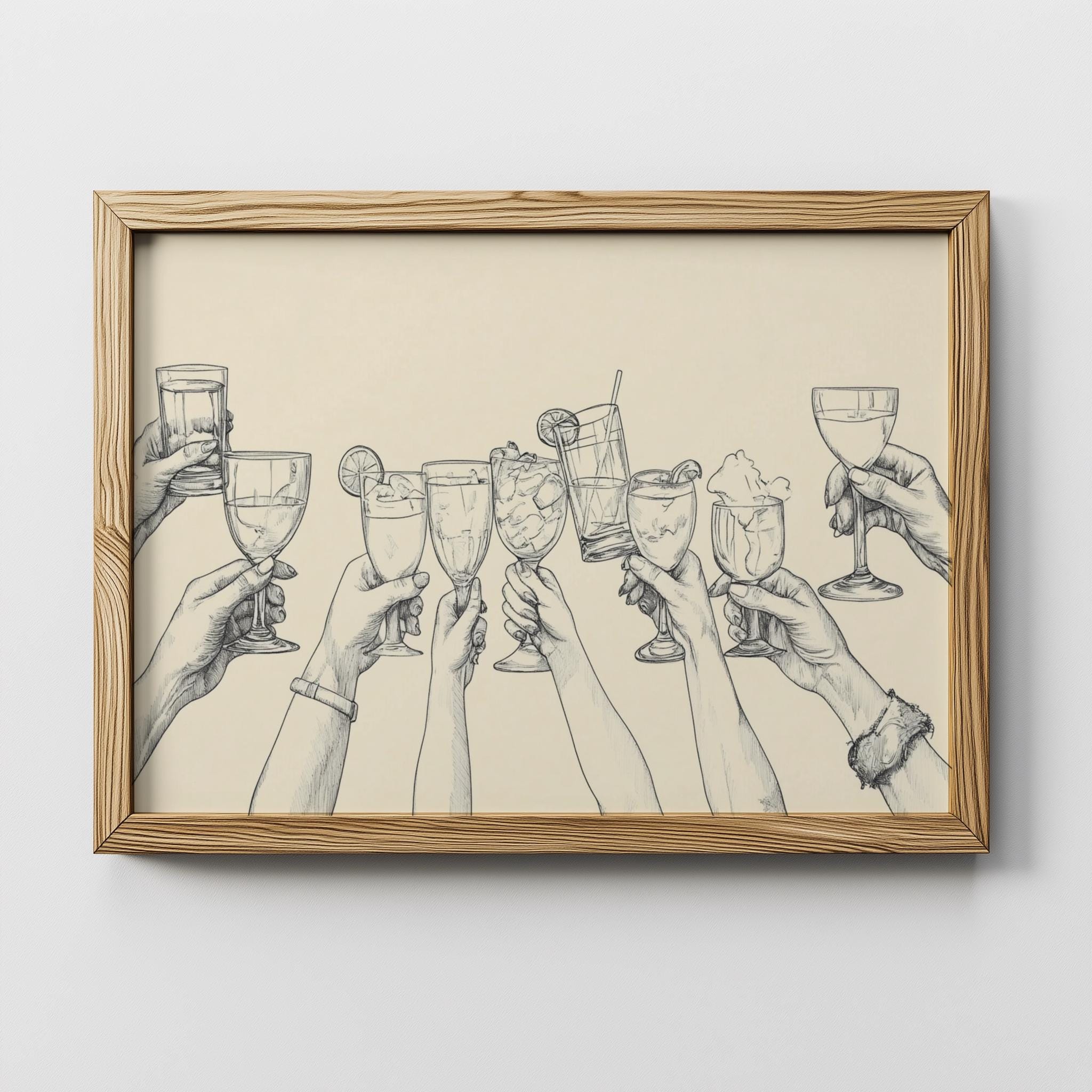 Cheers Line Art Bar Cart Poster – Minimal Cocktail Glasses Print (Digital Download)