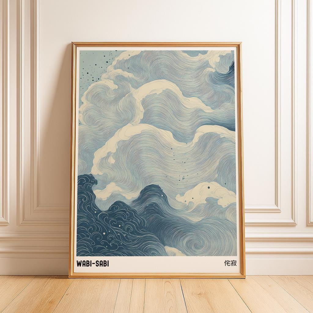 Blue Waves Japandi Art Print – Wabi Sabi Japanese Wall Poster (Digital Download)