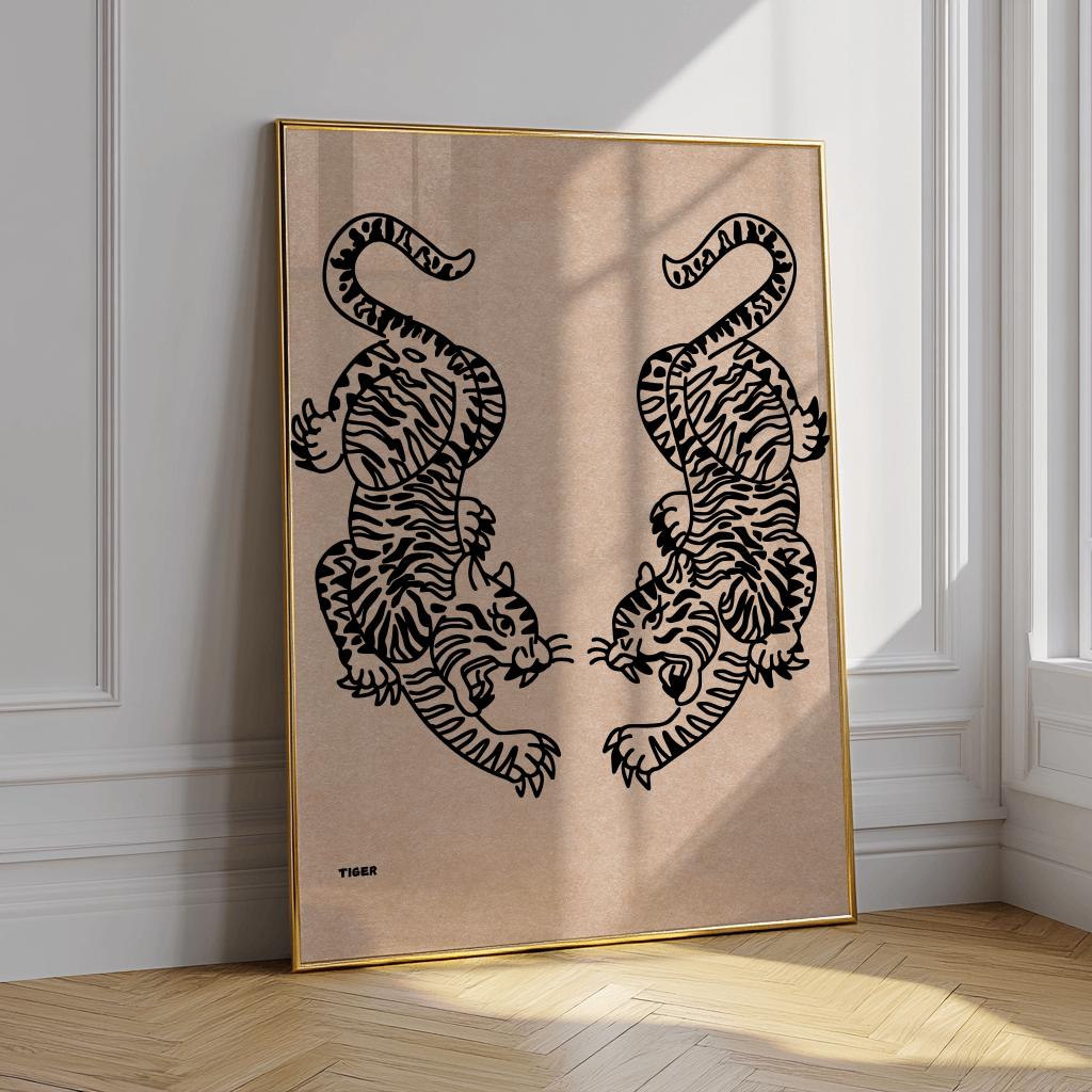Minimalist Japanese Tiger Art Print – Twin Tiger Wall Art, Vintage Line Drawing Poster (Digital Download)