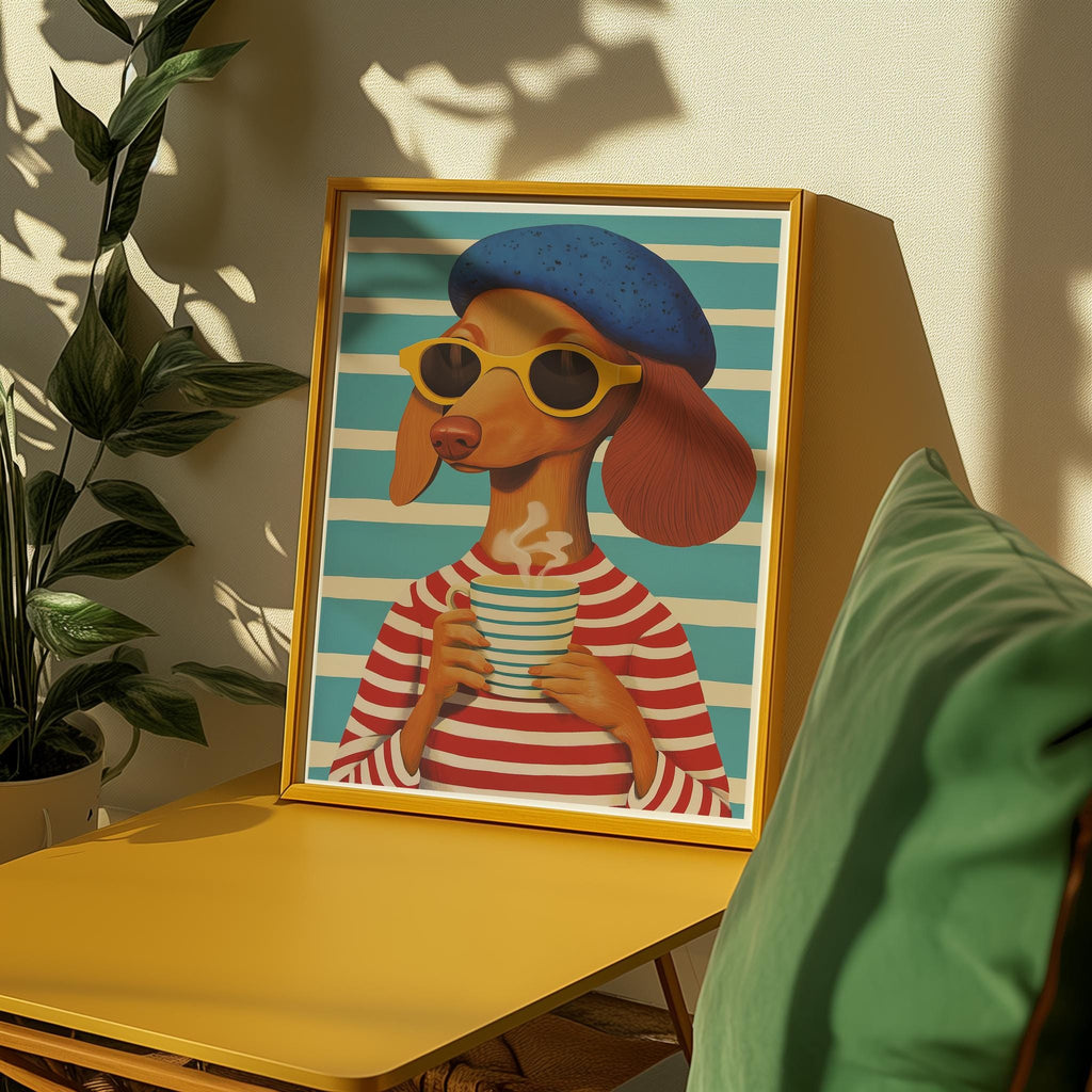 Coffee Lover Dog Art Print – Whimsical Mid-Century Wall Art (Digital Download)