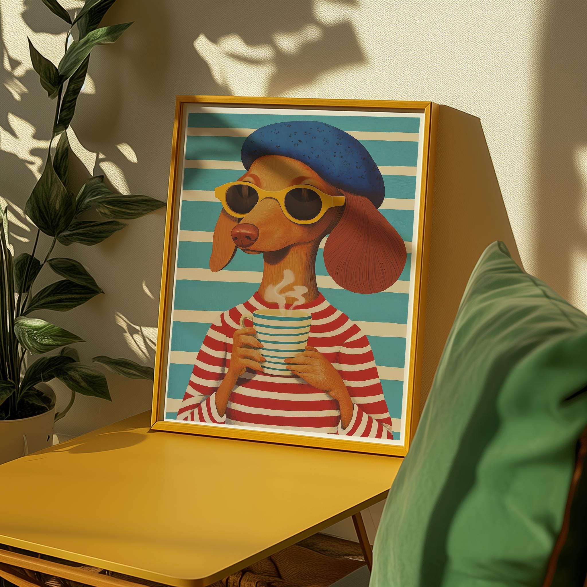 Coffee Lover Dog Art Print – Whimsical Mid-Century Wall Art (Digital Download)