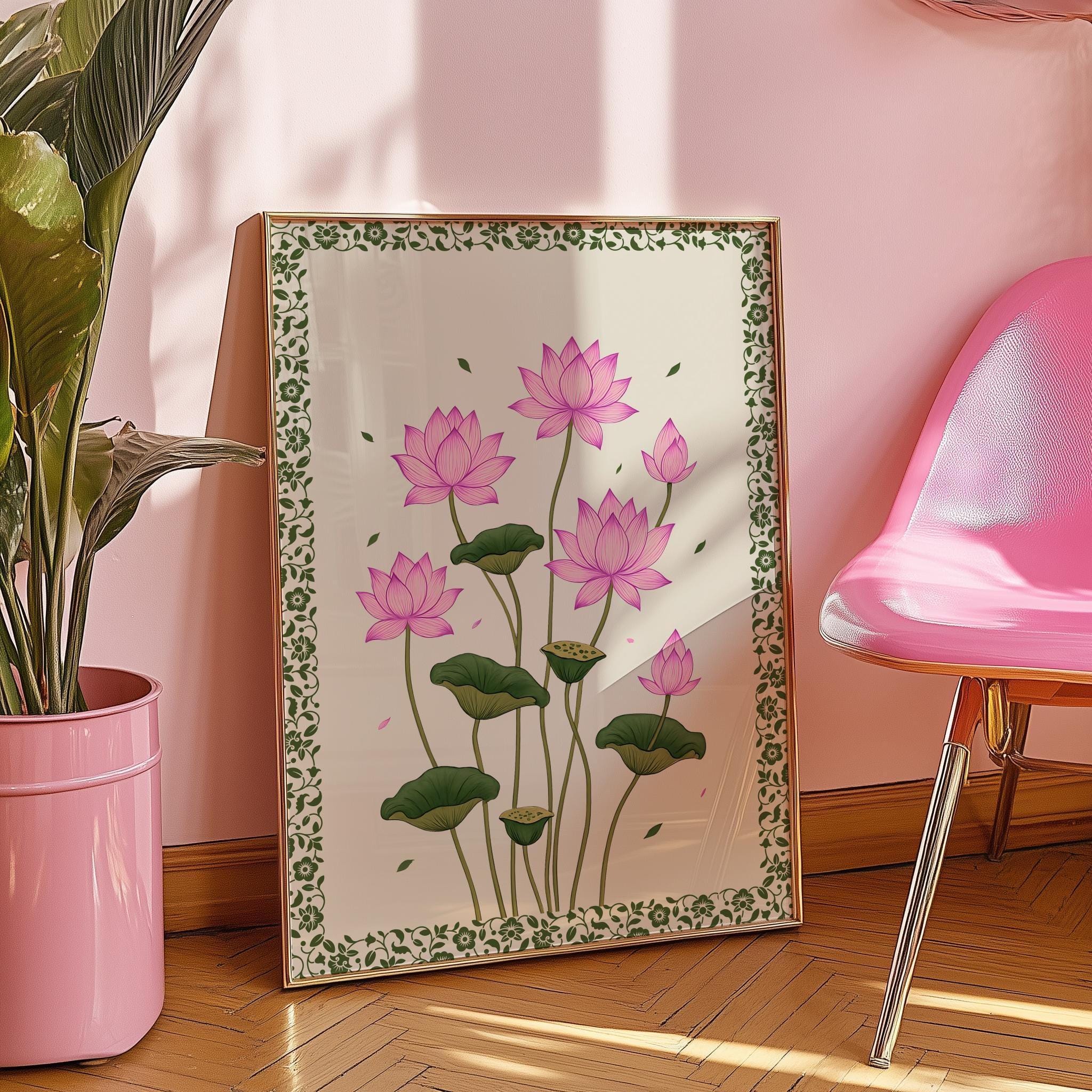 Vintage Pink Lotus Flower Art Print – Indian Botanical Wall Art (Digital Download)