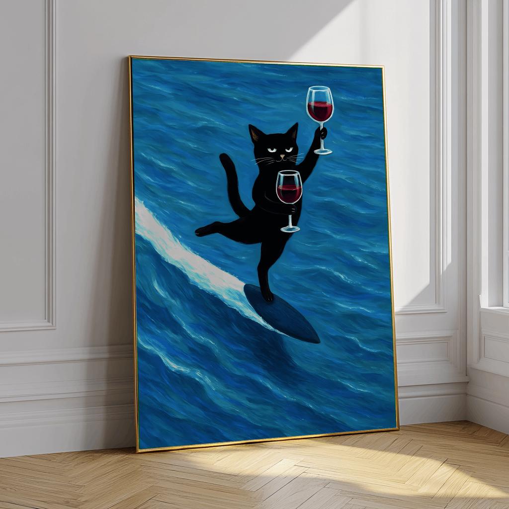 Funny Black Cat Surfing with Wine Poster – Whimsical Wall Art, Retro Bar Cart Decor (Digital Download)