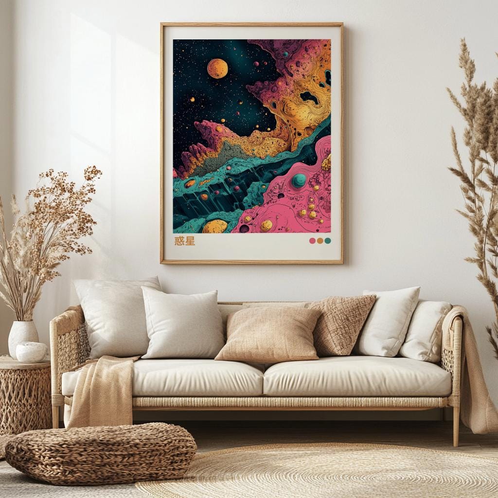 Japanese Cosmic Landscape Poster – Ukiyo-e Inspired Space Art Print | Digital Download