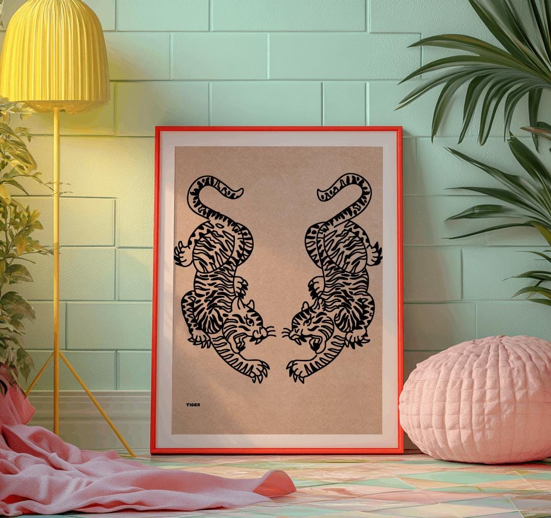 Minimalist Japanese Tiger Art Print – Twin Tiger Wall Art, Vintage Line Drawing Poster (Digital Download)