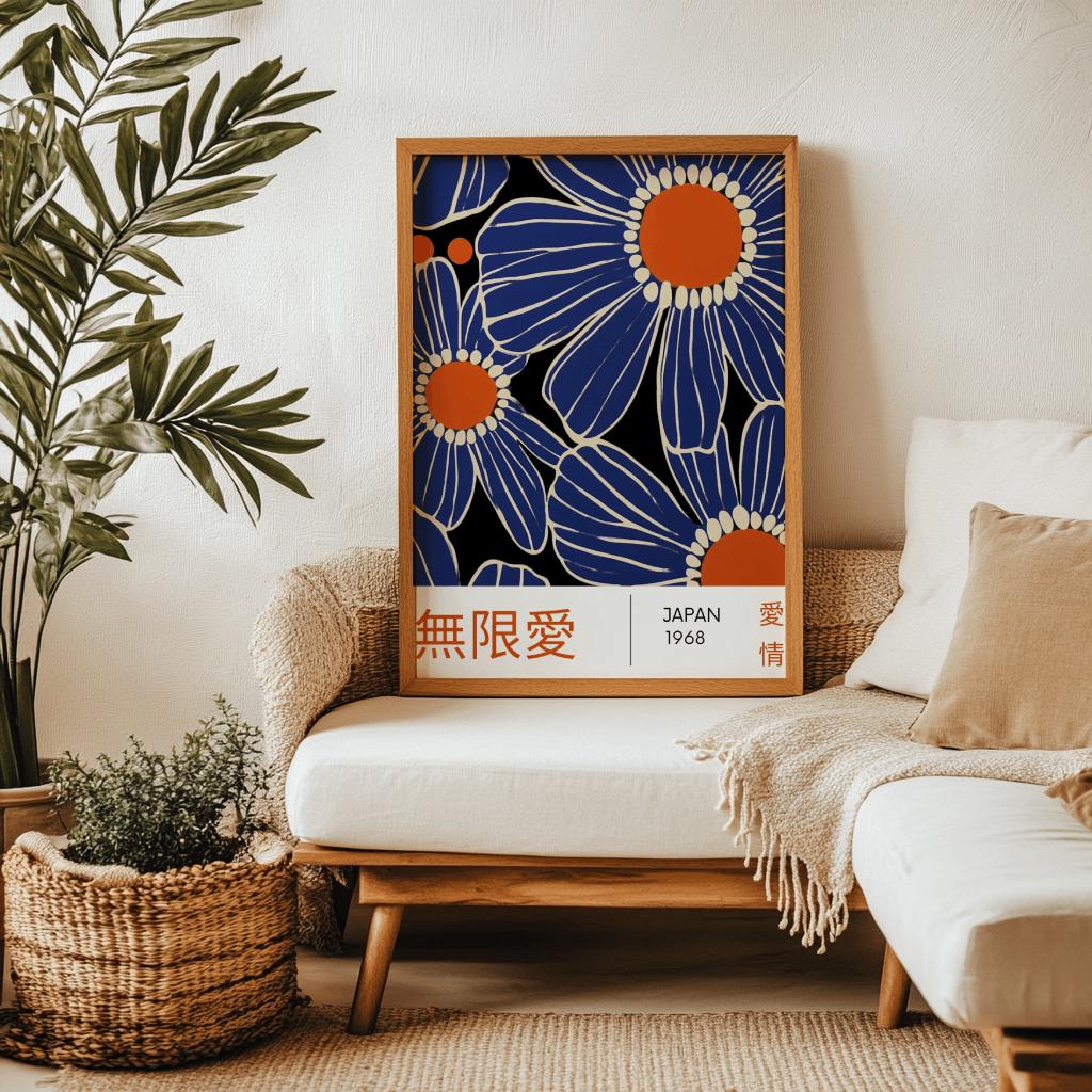 Japanese Blue Flower Poster – Minimal Japandi Floral Art Print (Digital Download)