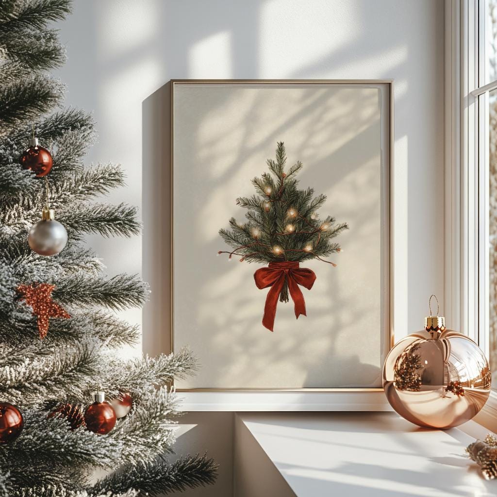 Vintage Christmas Tree Print – Neutral Rustic Holiday Wall Art (Digital Download)