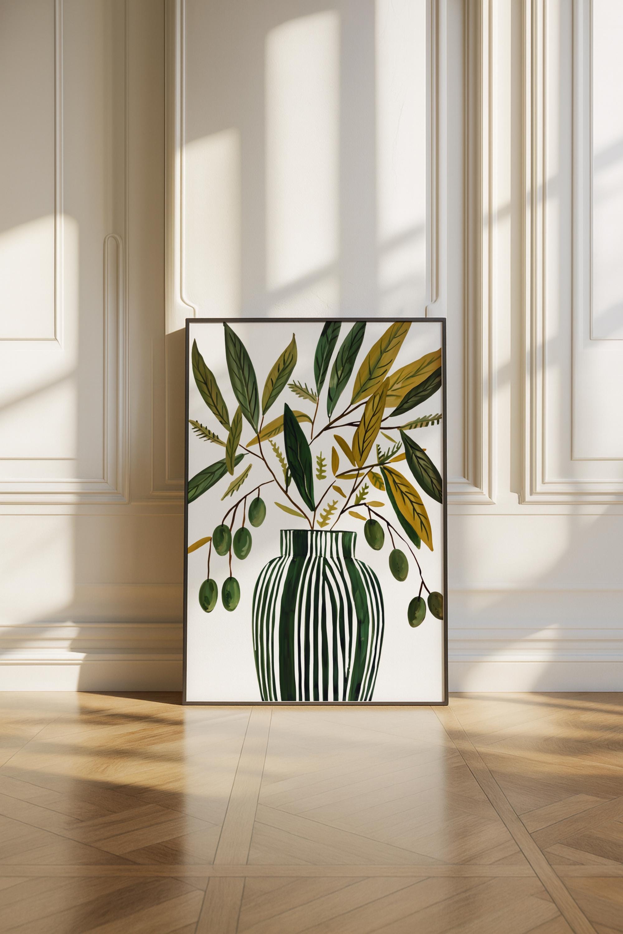 Scandinavian Olive Vase Art Print – Minimal Botanical Still Life Poster (Digital Download)