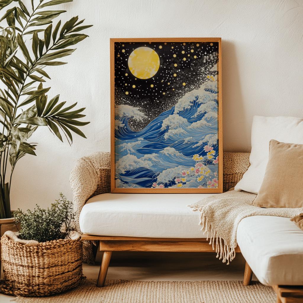 Blue Waves Japandi Wall Art Print, Navy Blue and Gold Japanese Poster (Digital Download)