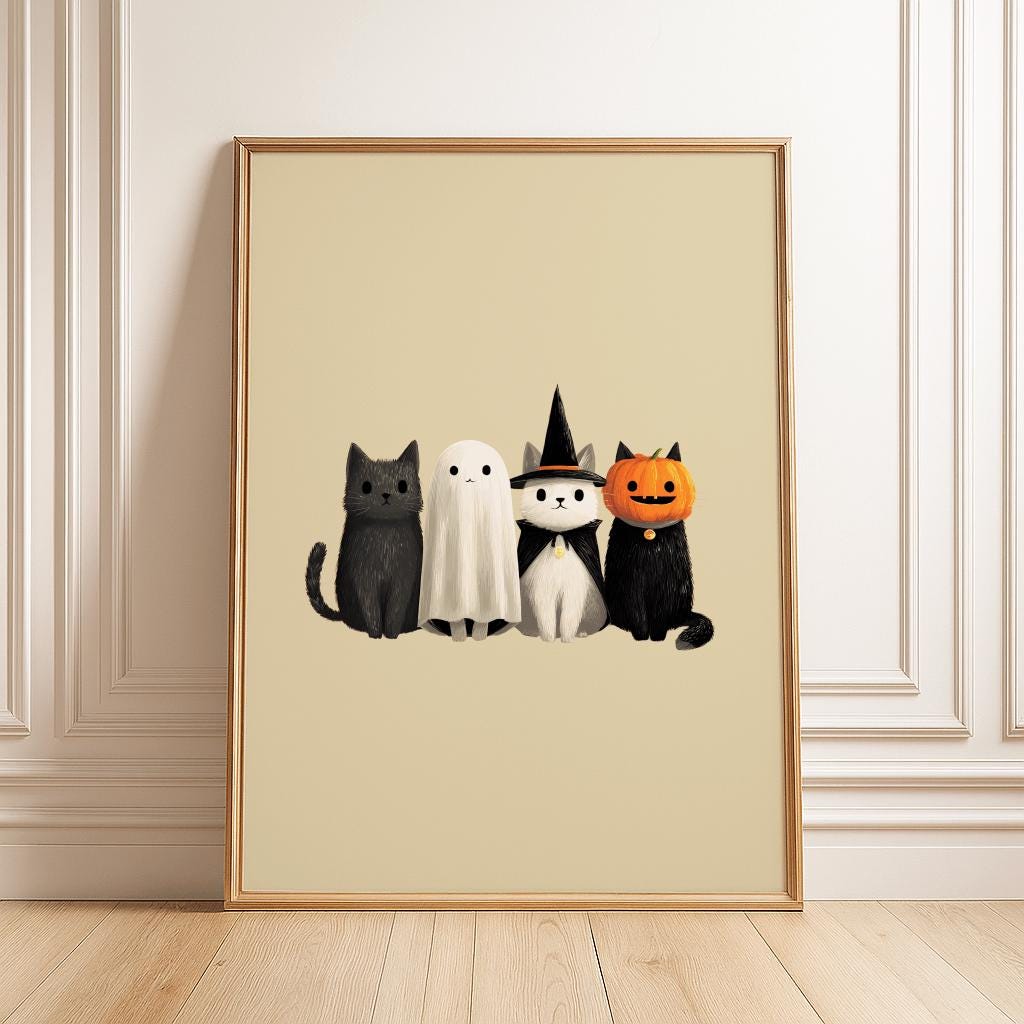 Cute Halloween Cat Print – Ghost, Witch & Pumpkin Cats (Digital Download)