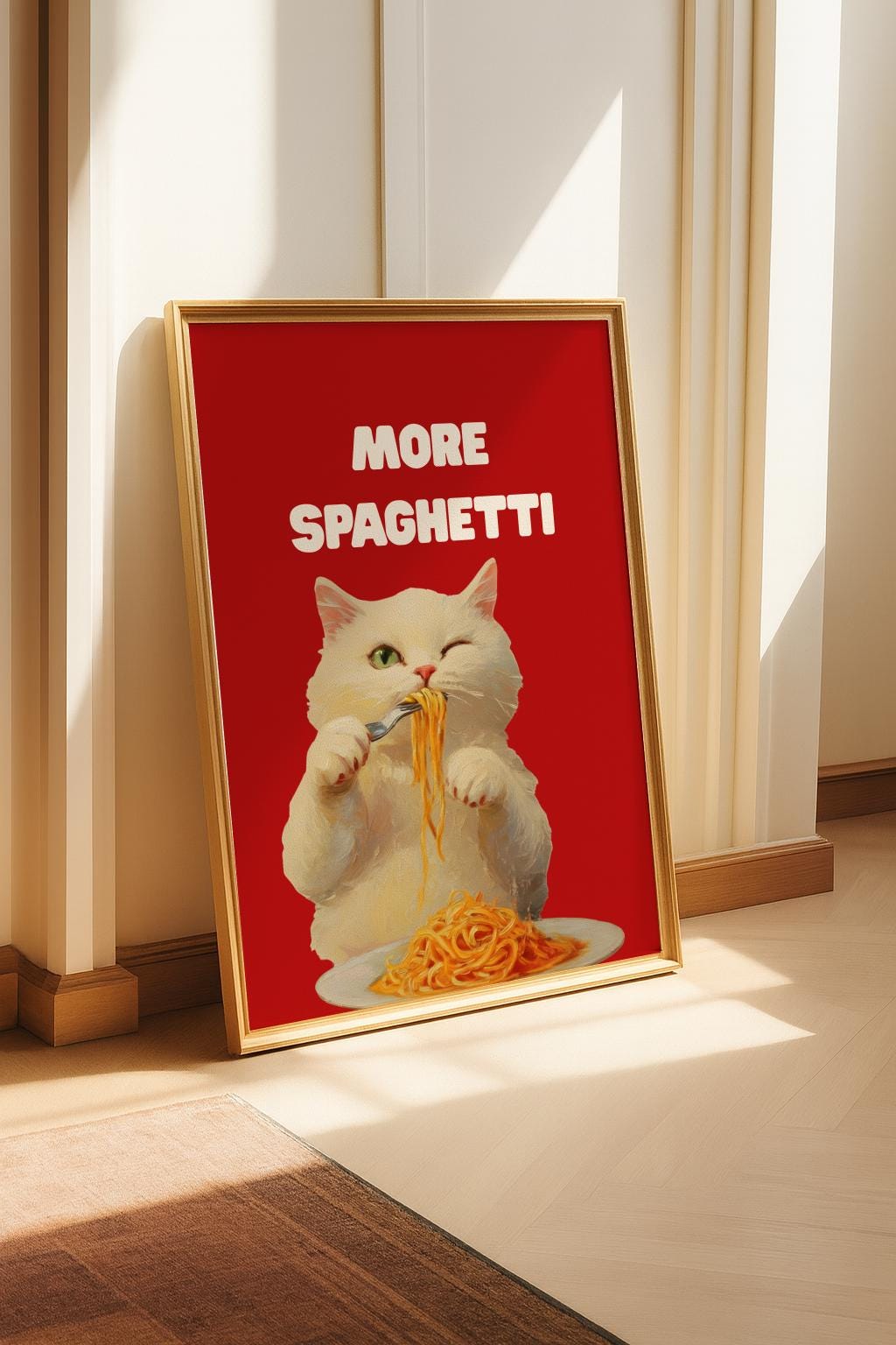 Hungry Cat Spaghetti Poster – Funny Kitchen Wall Art (Digital Download)