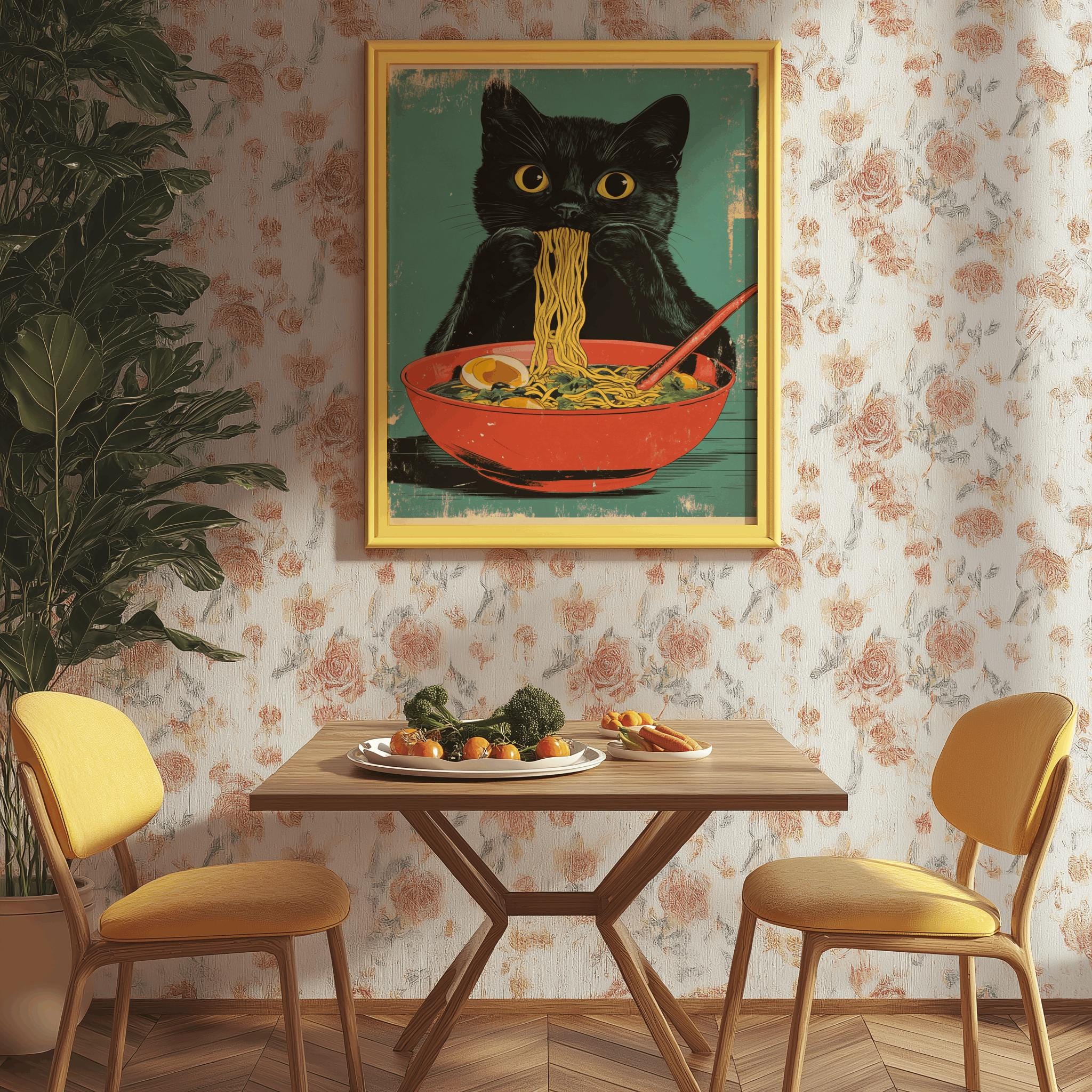 Cat Ramen Poster – Retro Japanese Kitchen Art Print | Digital Download