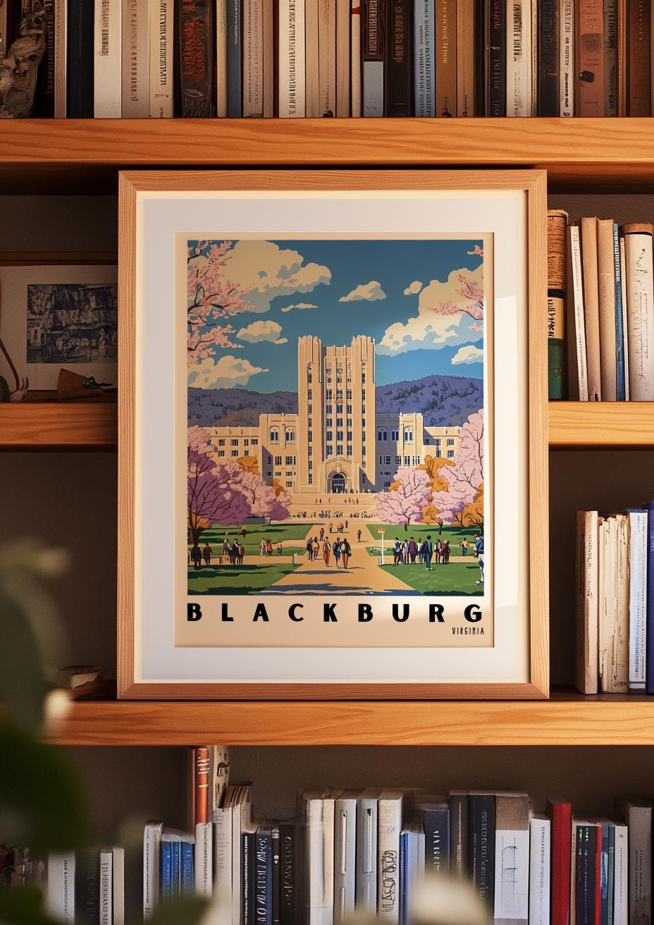 Virginia Tech Campus Art Print – Blacksburg Virginia Travel Poster (Digital Download)