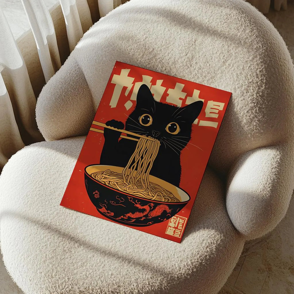 Vintage Cat Ramen Wall Art | Japanese Kitchen Poster | Digital Download Printable