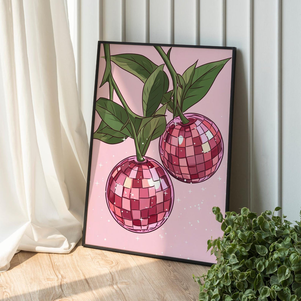 Disco Cherry Poster Pink Fruit Kitchen Wall Art - Digital Download
