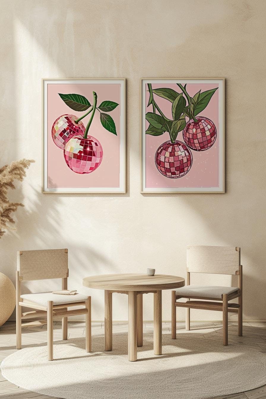 Disco Cherry Poster Pink Fruit Kitchen Wall Art - Digital Download