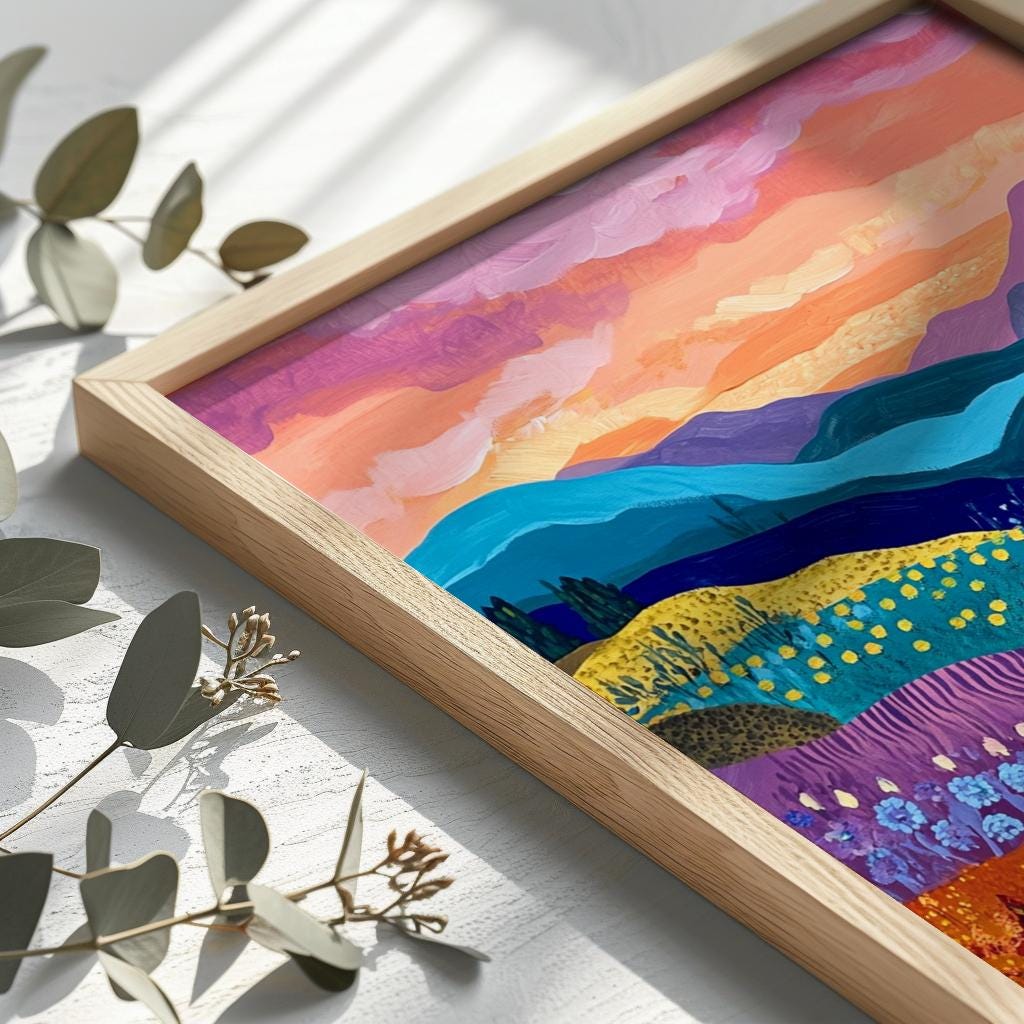 Colorful Mountain Floral Art Print Abstract Patchwork Wall Art - Digital Download