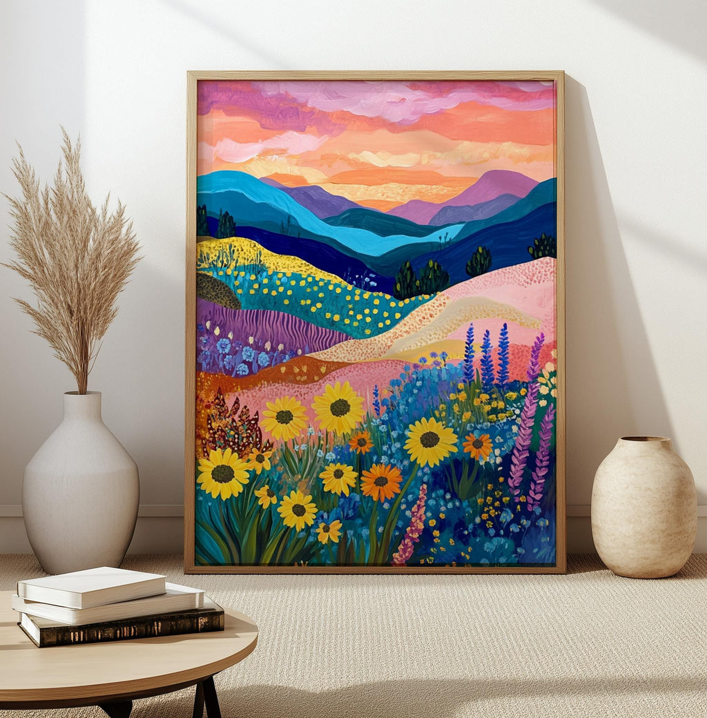 Colorful Mountain Floral Art Print Abstract Patchwork Wall Art - Digital Download