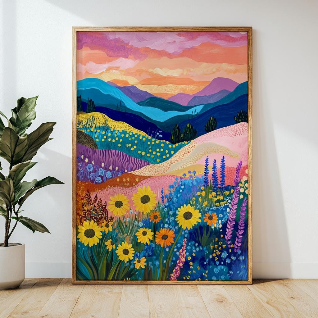 Colorful Mountain Floral Art Print Abstract Patchwork Wall Art - Digital Download