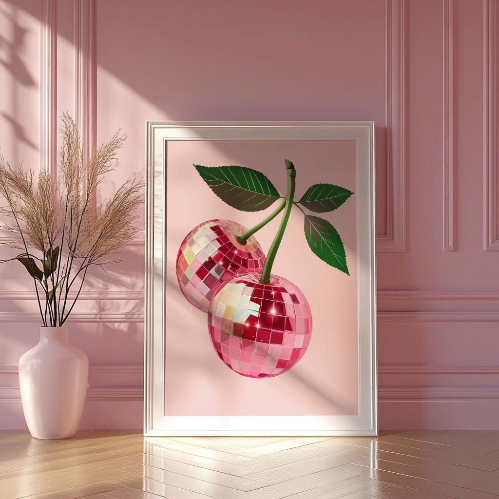 Disco Cherry Poster Pink Fruit Kitchen Wall Art - Digital Download