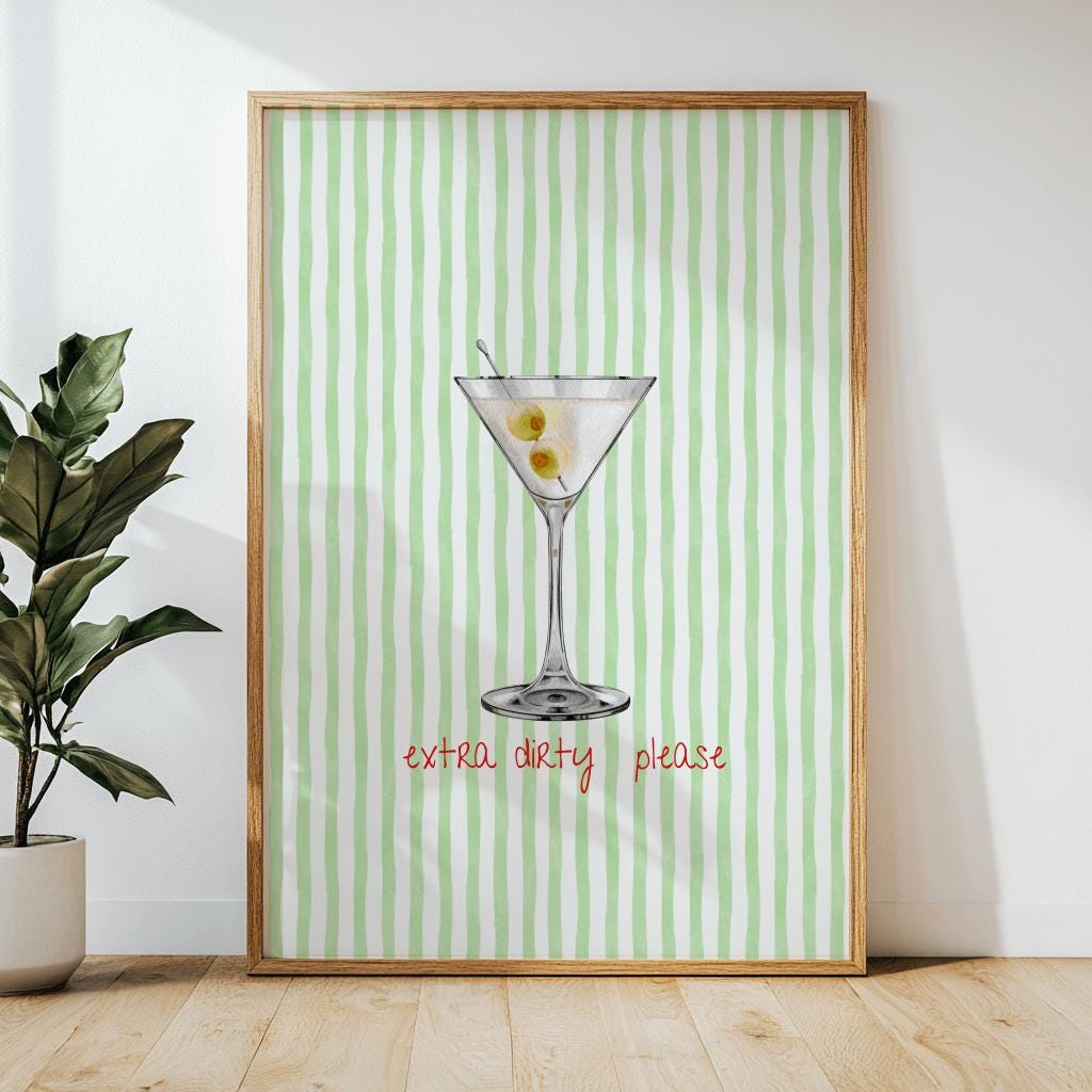 Extra Dirty Martini Cocktail Print Retro Pink Bar Wall Art - Digital Download