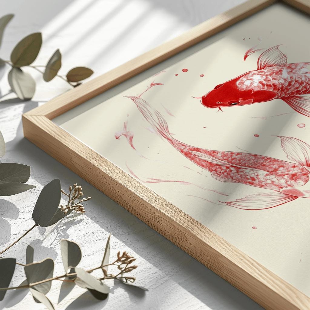 Red Koi Fish Print Japanese Wall Art - Digital Download