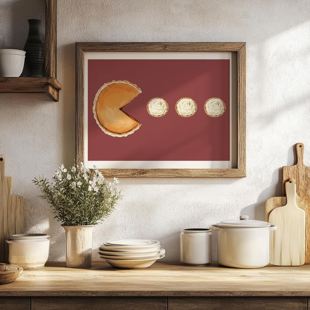 Retro Pie Pac Man Poster Funny Kitchen Wall Art - Digital Download