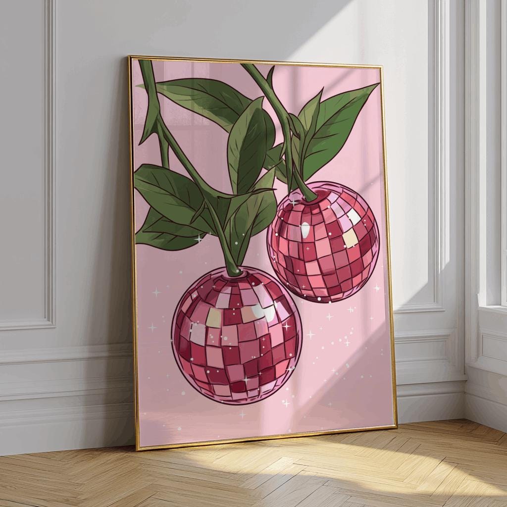 Disco Cherry Poster Pink Fruit Kitchen Wall Art - Digital Download