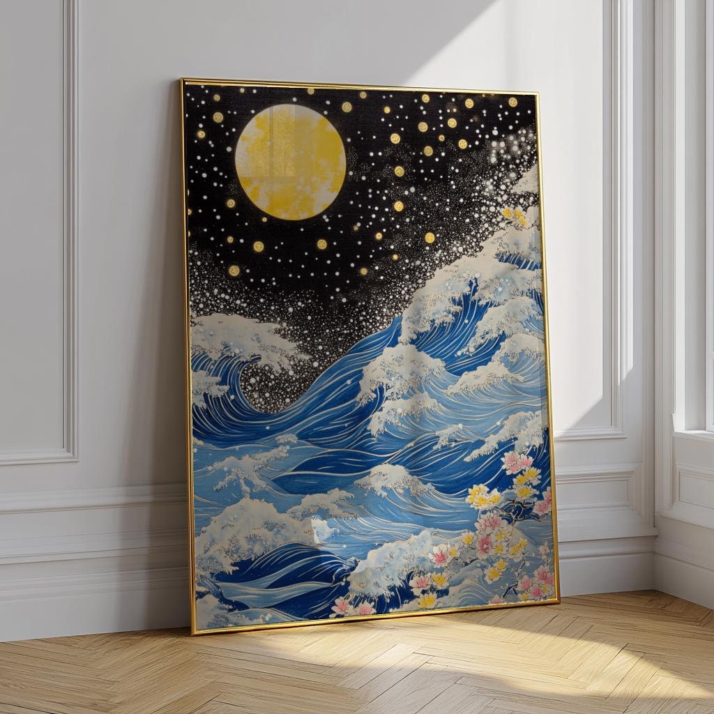 Blue Waves Japandi Wall Art Navy Blue Gold Japanese Poster - Digital Download