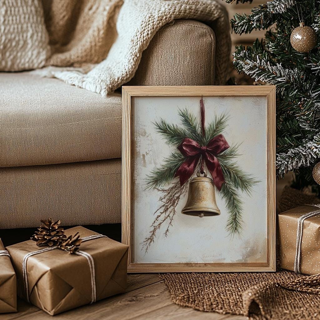 Christmas Bell Print Neutral Rustic Holiday Wall Art - Digital Download
