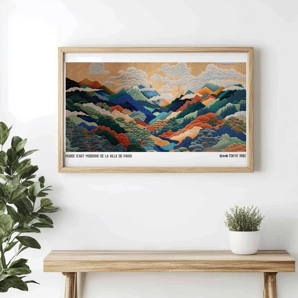 Japanese Mountainscape Art Print Abstract Polka Dot Landscape - Digital Download